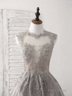 Gray High Neck Lace Chiffon Short Prom Dress Gray Bridesmaid Dress