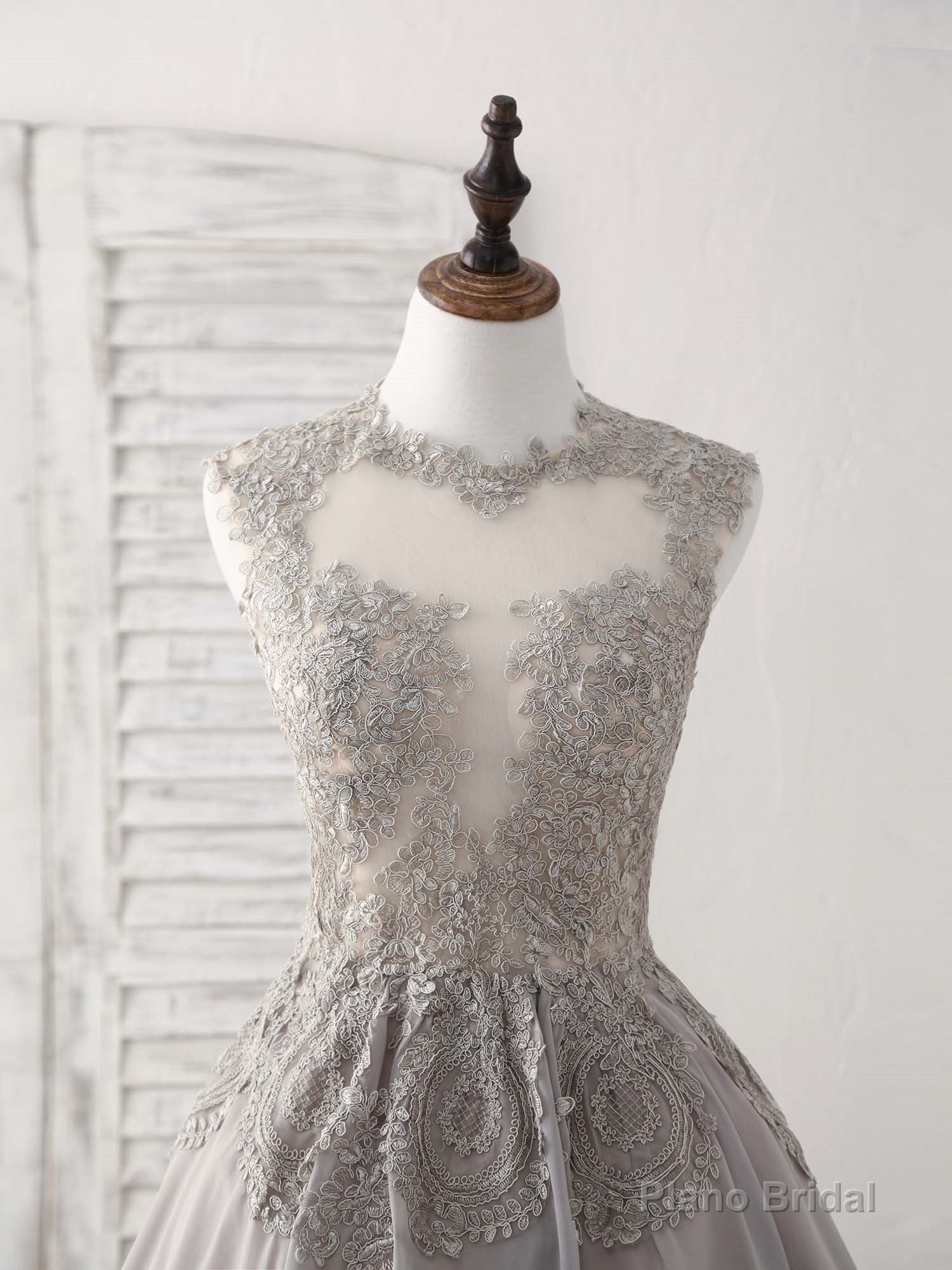 Gray High Neck Lace Chiffon Short Prom Dress Gray Bridesmaid Dress