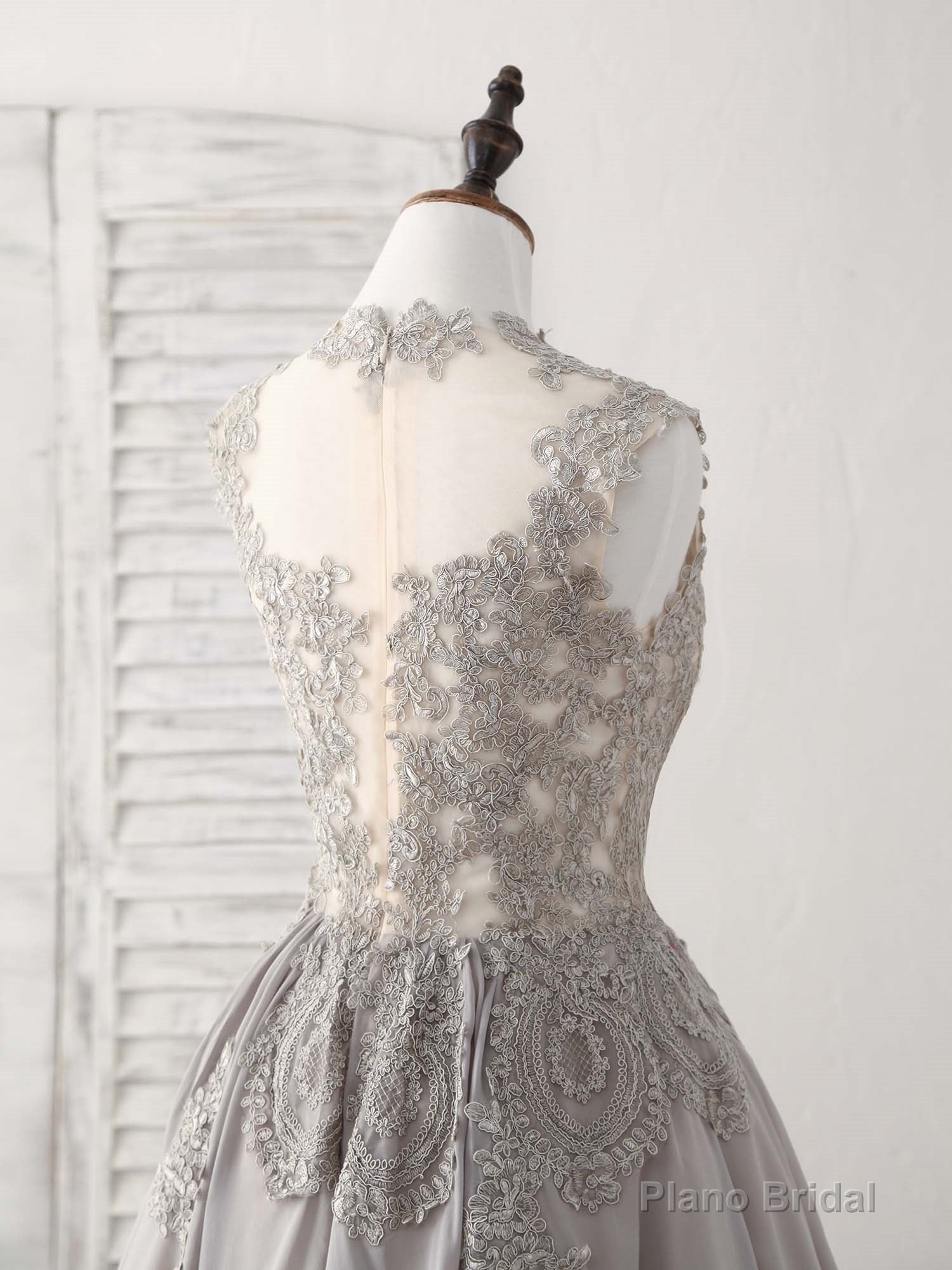 Gray High Neck Lace Chiffon Short Prom Dress Gray Bridesmaid Dress
