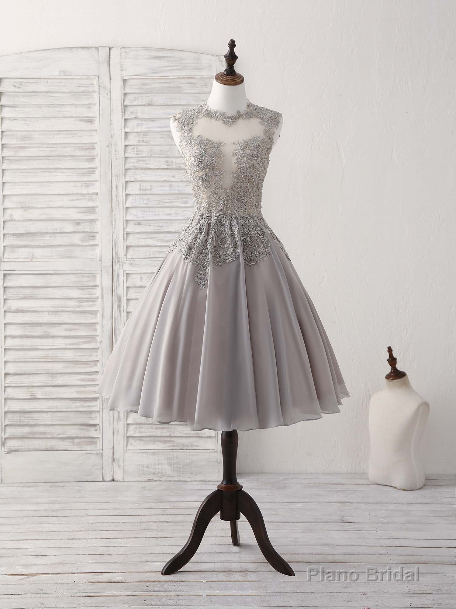 Gray High Neck Lace Chiffon Short Prom Dress Gray Bridesmaid Dress Main image