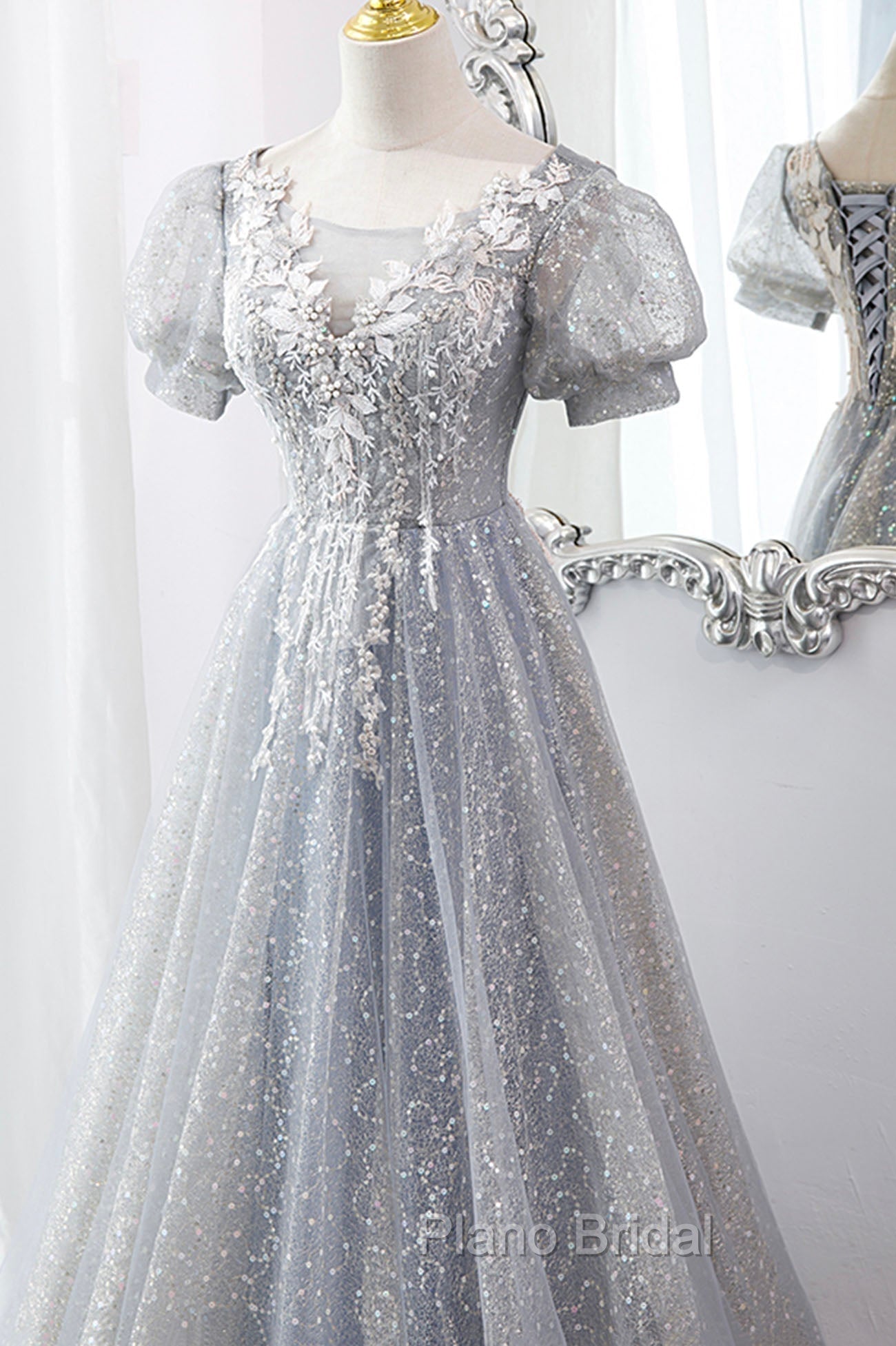 Gray Lace Long A-Line Formal Prom Dresses with Sequins, Cute Short Sleeve Evening Dresses