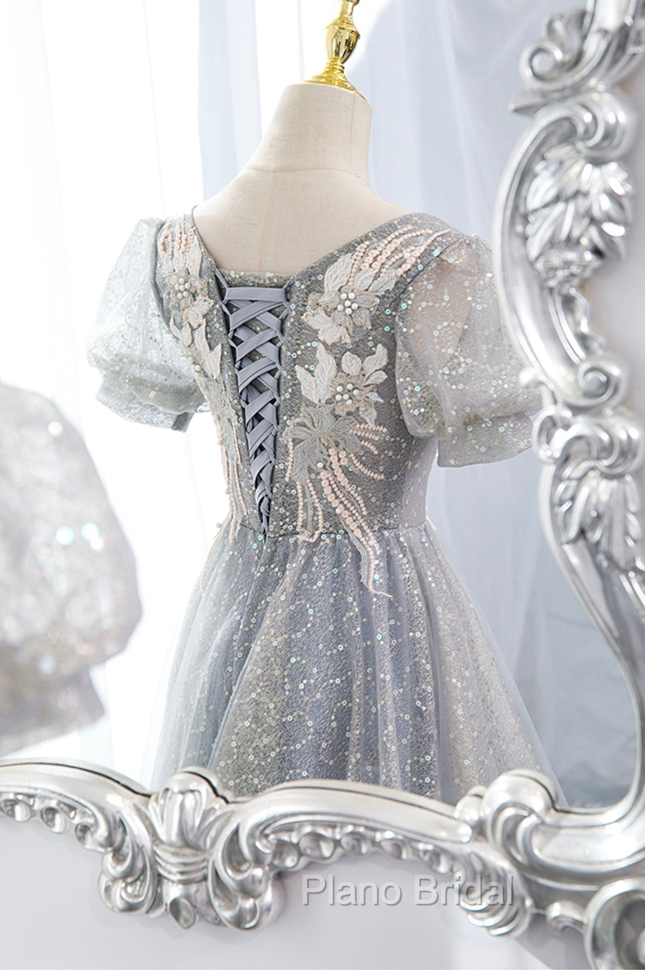 Gray Lace Long A-Line Formal Prom Dresses with Sequins, Cute Short Sleeve Evening Dresses