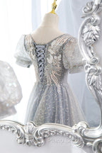 Gray Lace Long A-Line Formal Prom Dresses with Sequins, Cute Short Sleeve Evening Dresses