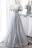 Gray Lace Long A-Line Formal Prom Dresses with Sequins, Cute Short Sleeve Evening Dresses