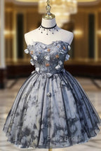 Gray Lace Strapless Short Formal Prom Dresses, A-Line Sweetheart Neckline Party Dresses