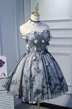 Gray Lace Strapless Short Formal Prom Dresses, A-Line Sweetheart Neckline Party Dresses