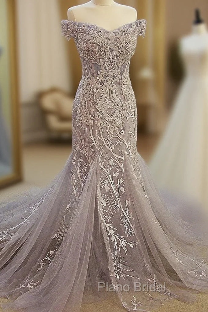 Gray Mermaid Off Shoulder Appliqued Lace Formal Prom Dresses Main image