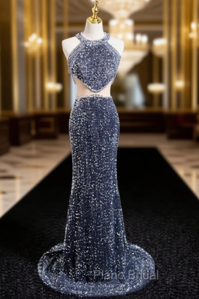 Gray Mermaid Sequins Halter Beading Formal Prom Dresses Main image