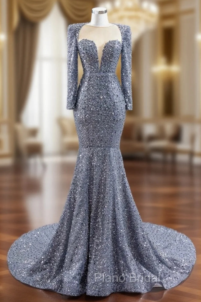 Gray Mermaid Sequins Pearls Long Sleeve Formal Prom Dresses