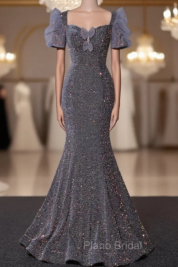 Gray Mermaid Sequins Short Sleeve Formal Prom Dresses Main image