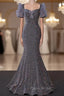 Gray Mermaid Sequins Short Sleeve Formal Prom Dresses