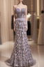 Gray Mermaid Strapless Feahther Beading Formal Prom Dresses