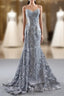 Gray Mermaid Tulle Embroidery Spagehtti Straps Pearls Formal Prom Dresses