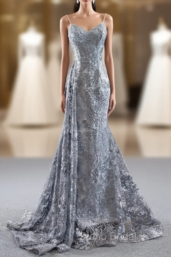 Gray Mermaid Tulle Embroidery Spagehtti Straps Pearls Formal Prom Dresses Main image