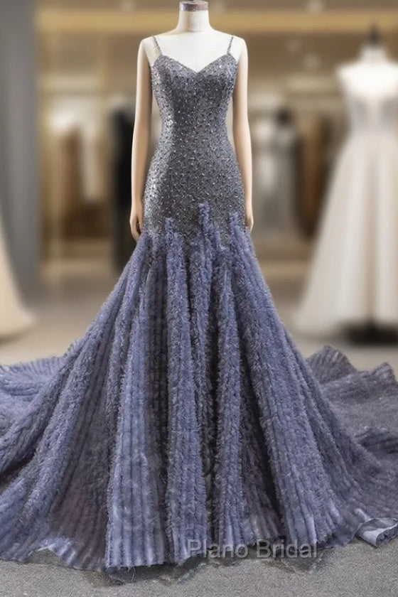 Gray Mermaid Tulle Sequins Spaghetti Straps Beading Formal Prom Dresses With Train Main image