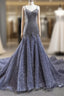 Gray Mermaid Tulle Sequins Spaghetti Straps Beading Formal Prom Dresses With Train