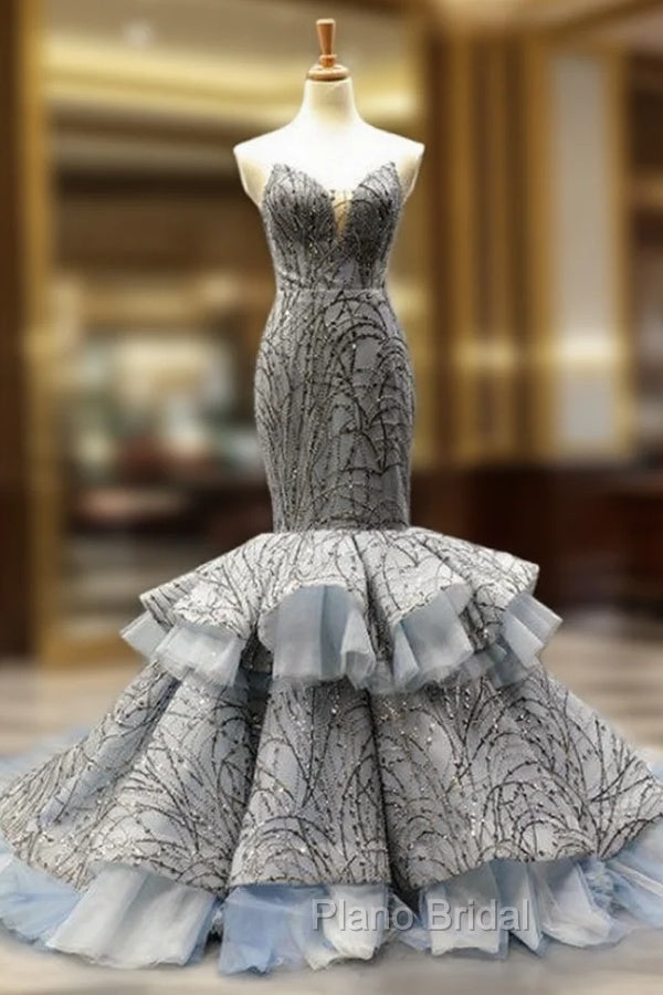 Gray Mermaid Tulle Sequins Sweetheart Formal Prom Dresses With Train Main image