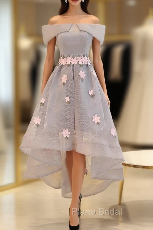 Gray Off the Shoulder  Flower Formal Prom Dresses