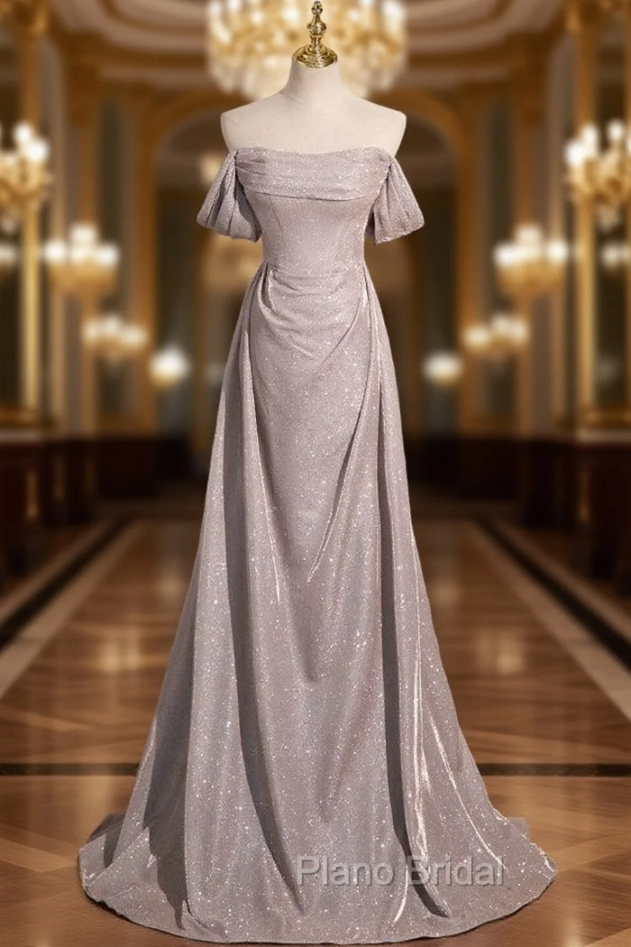 Gray Off the Shoulder Pleats Formal Prom Dresses