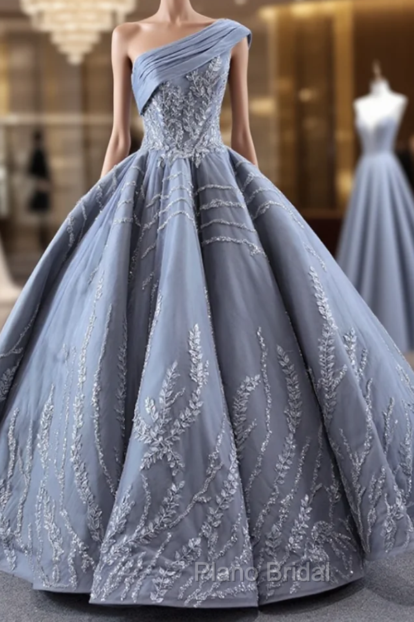 Gray One Shoulder Appliques Beading Formal Prom Dresses