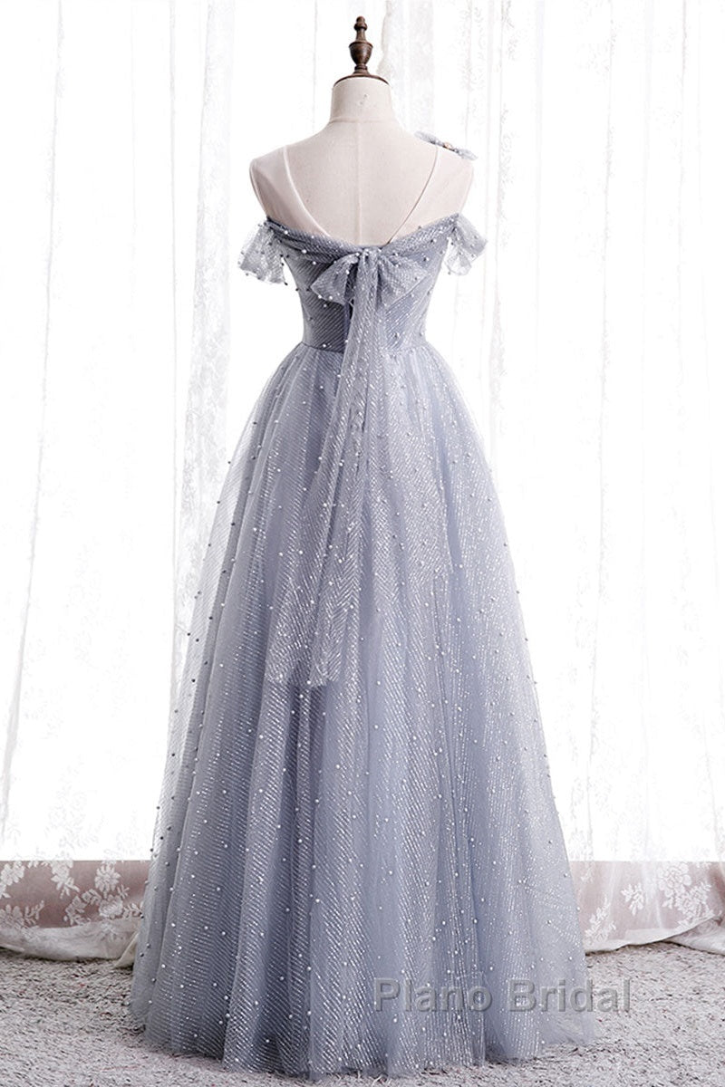 Gray One Shoulder Tulle Long Formal Prom Dresses Gray Tulle Evening Dresses Secondary image