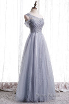 Gray One Shoulder Tulle Long Formal Prom Dresses Gray Tulle Evening Dresses