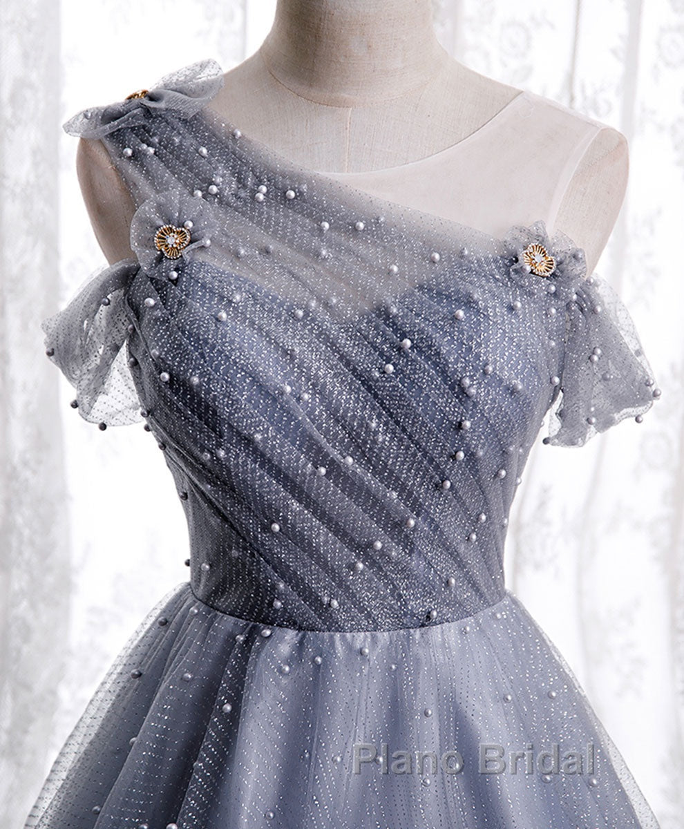 Gray One Shoulder Tulle Long Formal Prom Dresses Gray Tulle Evening Dresses