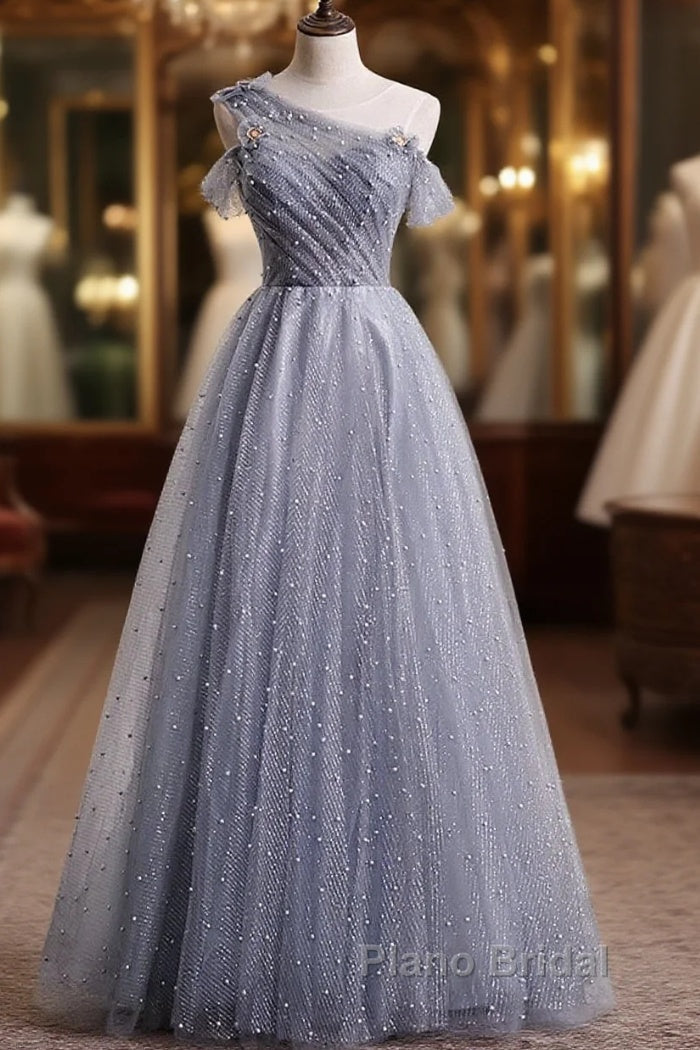Gray One Shoulder Tulle Long Formal Prom Dresses Gray Tulle Evening Dresses Main image