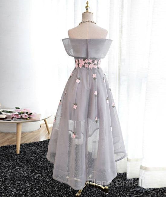 Gray Organza Hight-Low Formal Prom Dresses, Gray Bridesmaid Dresses