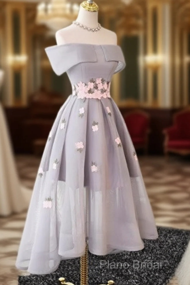 Gray Organza Hight-Low Formal Prom Dresses, Gray Bridesmaid Dresses