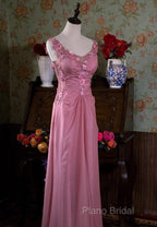 Gray Pink Retro Mermaid V-Neck Chiffon Beaded Long Formal Prom Dresses Sweet Applique Birthday Dresses