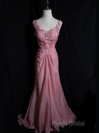 Gray Pink Retro Mermaid V-Neck Chiffon Beaded Long Formal Prom Dresses Sweet Applique Birthday Dresses