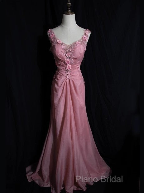 Gray Pink Retro Mermaid V-Neck Chiffon Beaded Long Formal Prom Dresses Sweet Applique Birthday Dresses