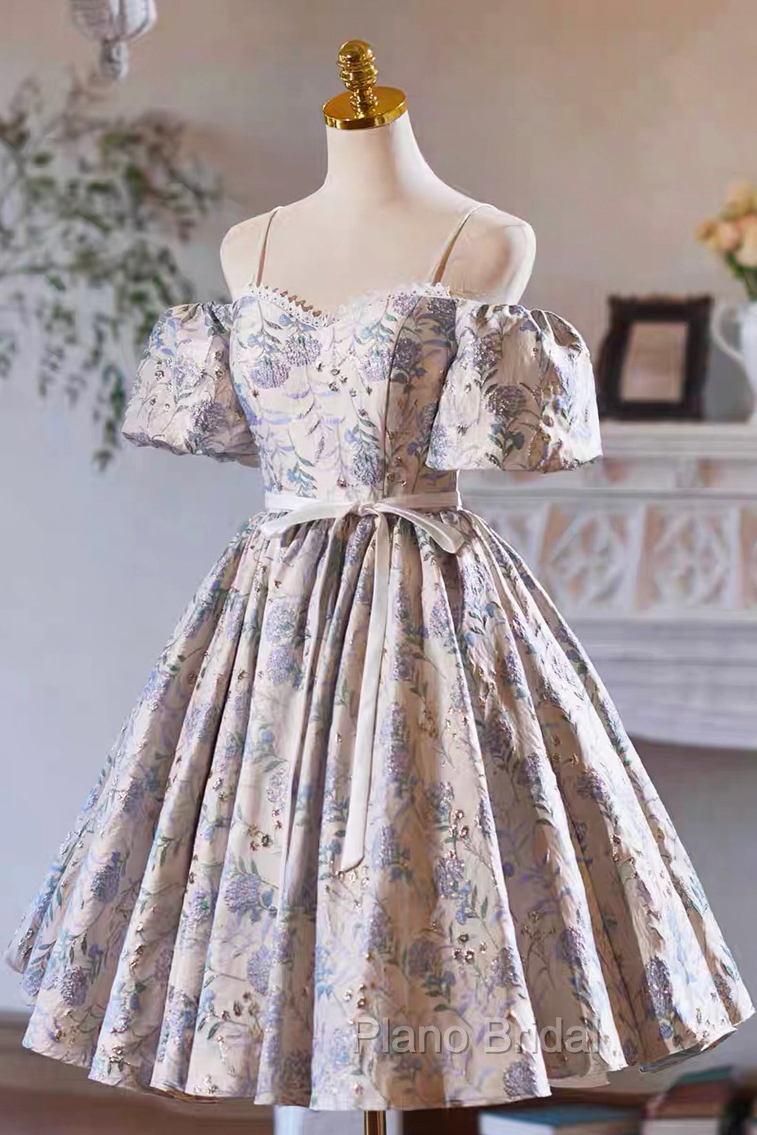 Gray Print Short Formal Prom Dresses Dresses, Lovely Spaghetti Strap Evening Party Dresses
