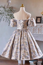 Gray Print Short Formal Prom Dresses Dresses, Lovely Spaghetti Strap Evening Party Dresses