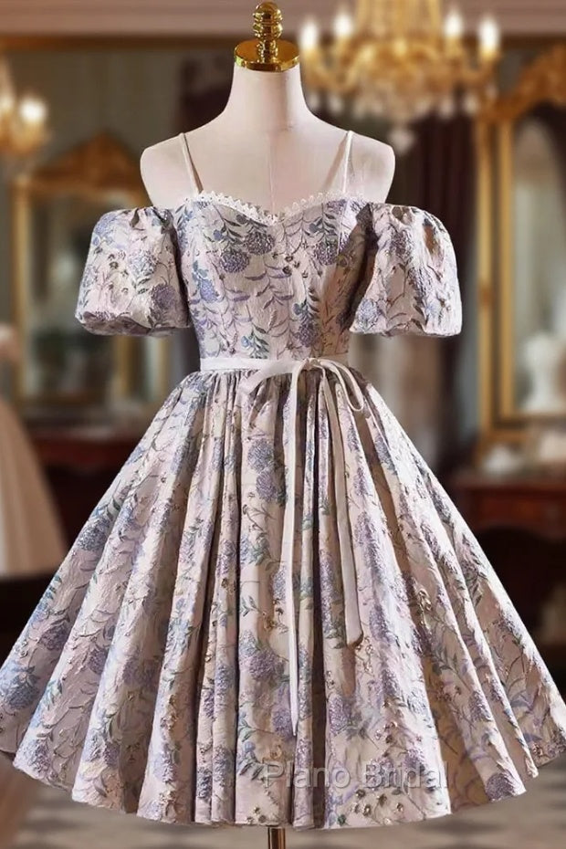 Gray Print Short Formal Prom Dresses Dresses, Lovely Spaghetti Strap Evening Party Dresses Main image