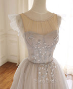 Gray Purple Round Neck Tulle Long Formal Prom Dresses, A line Formal Graduation Dresses