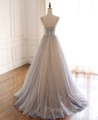 Gray Purple Round Neck Tulle Long Formal Prom Dresses, A line Formal Graduation Dresses