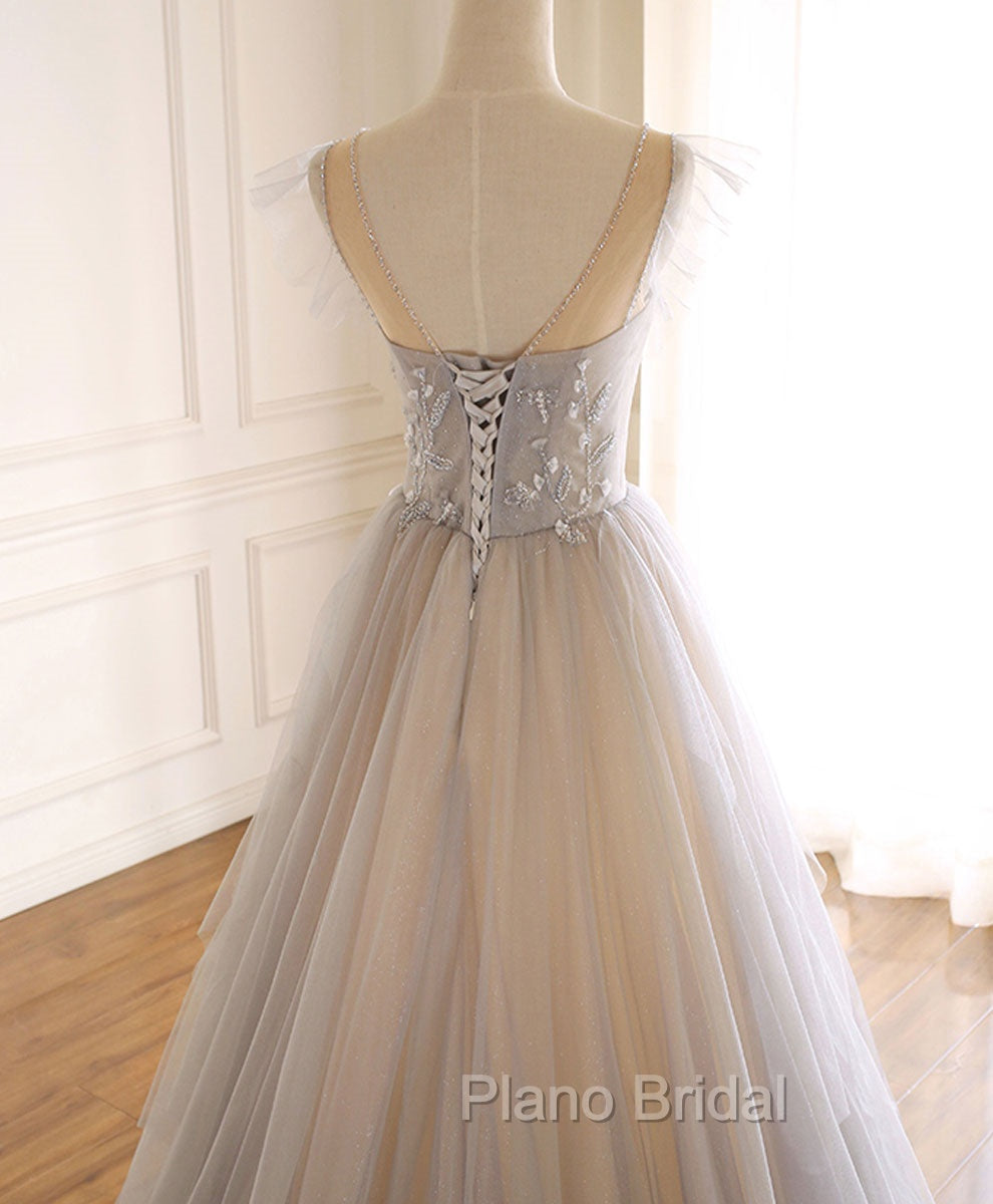 Gray Purple Round Neck Tulle Long Formal Prom Dresses, A line Formal Graduation Dresses