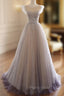 Gray Purple Round Neck Tulle Long Formal Prom Dresses, A line Formal Graduation Dresses
