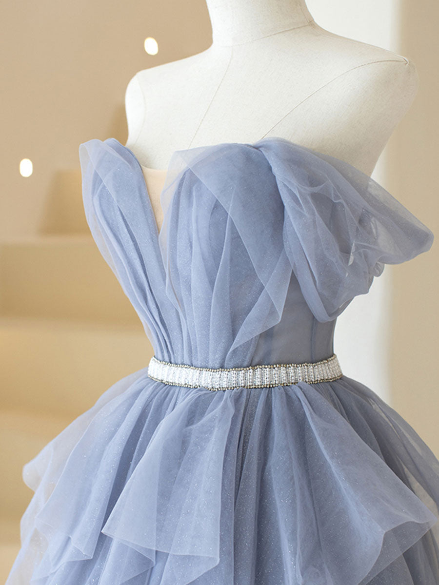 Gray Purple Tulle Long Formal Prom Dresses, Purple A Line Prom Dresses