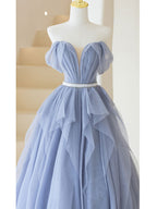Gray Purple Tulle Long Formal Prom Dresses, Purple A Line Prom Dresses