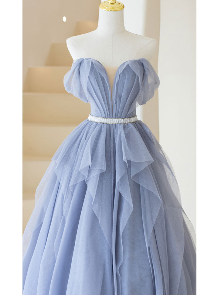 Gray Purple Tulle Long Formal Prom Dresses, Purple A Line Prom Dresses