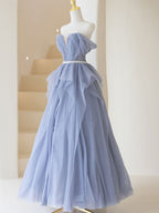 Gray Purple Tulle Long Formal Prom Dresses, Purple A Line Prom Dresses