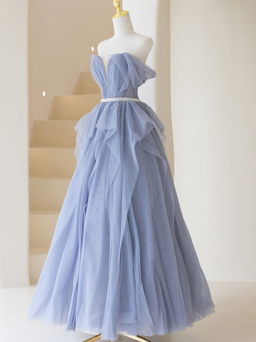 Gray Purple Tulle Long Formal Prom Dresses, Purple A Line Prom Dresses