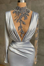 Gray Robe De Soiree Sheath Long Sleeves Beaded See Through Sexy Long Formal Prom Dresses Formal Prom Gown Evening Dresses