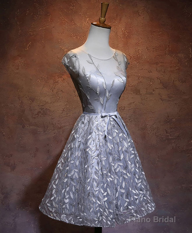 Gray Round Neck Lace Short Prom Dress,Cute Homecoming Dress Secondary image