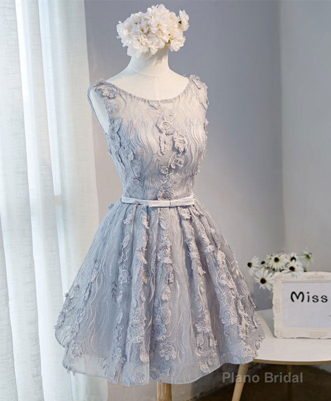 Gray Round Neck Lace Short Prom Dress, Cute Lace Homecoming Dress Main image