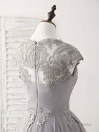 Gray Round Neck Lace Short Prom Dress Gray Bridesmaid Dress