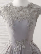 Gray Round Neck Lace Short Prom Dress Gray Bridesmaid Dress